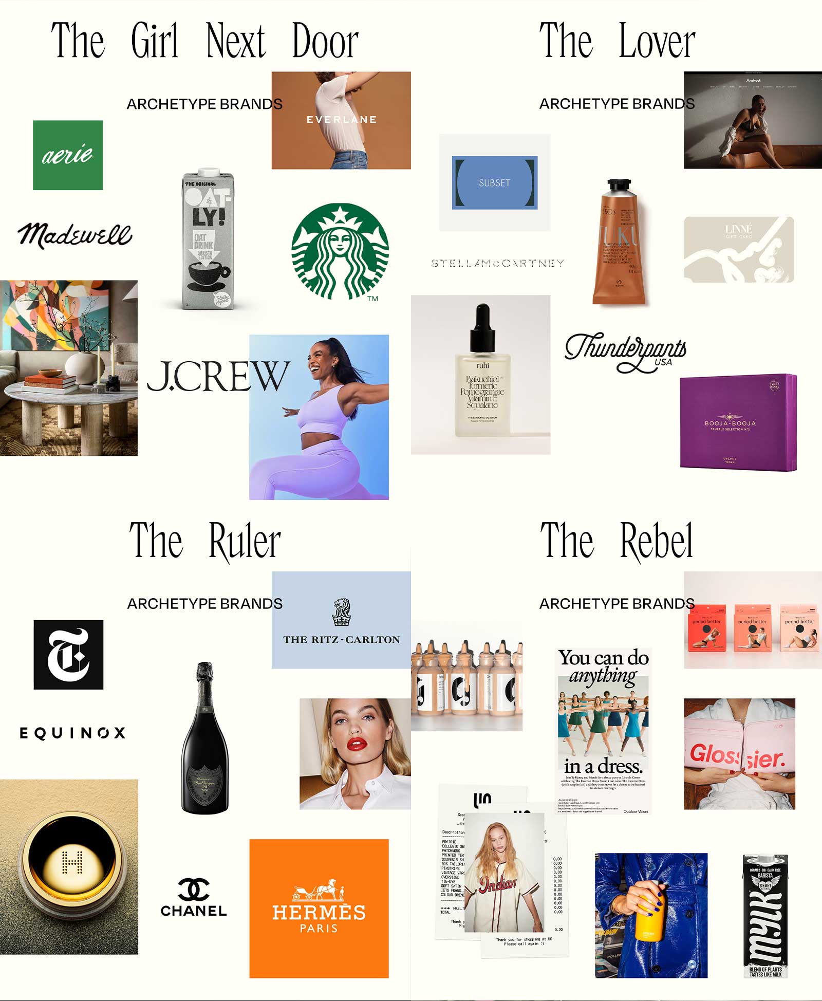 Brand archetype examples representing the Girl Next Door, Lover, Ruler, and Rebel personality for personal branding