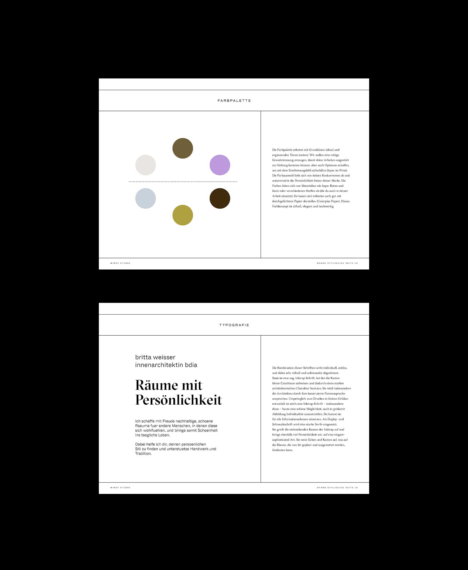 Mini brand style guide showing typography, color palette, and usage guidelines
