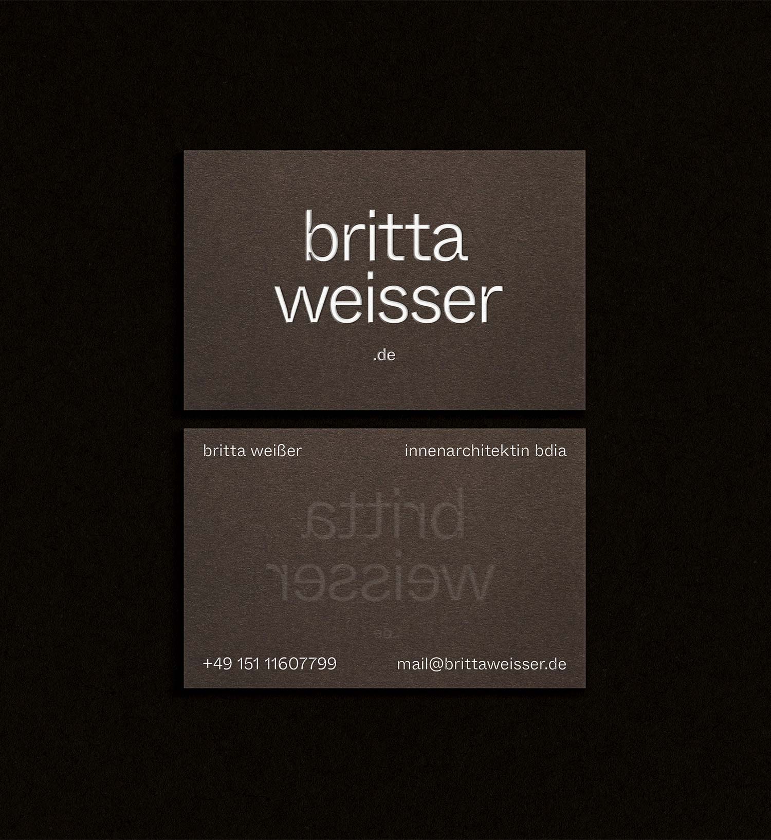 Personal branding design for interior designer and architect Britta Weißer featuring type selection, color palette, paper and print finishing
