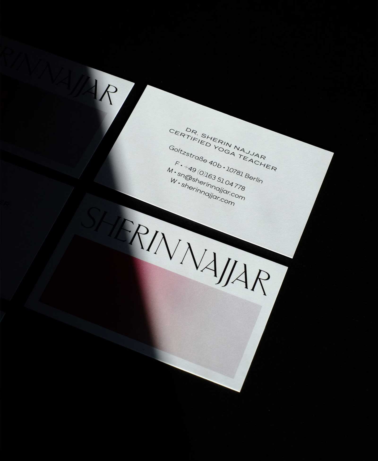 Personal branding design for personal yoga teacher Sherin Najjar (Berlin) featuring wordmark, color palette, print specifications, and other visual identity elements