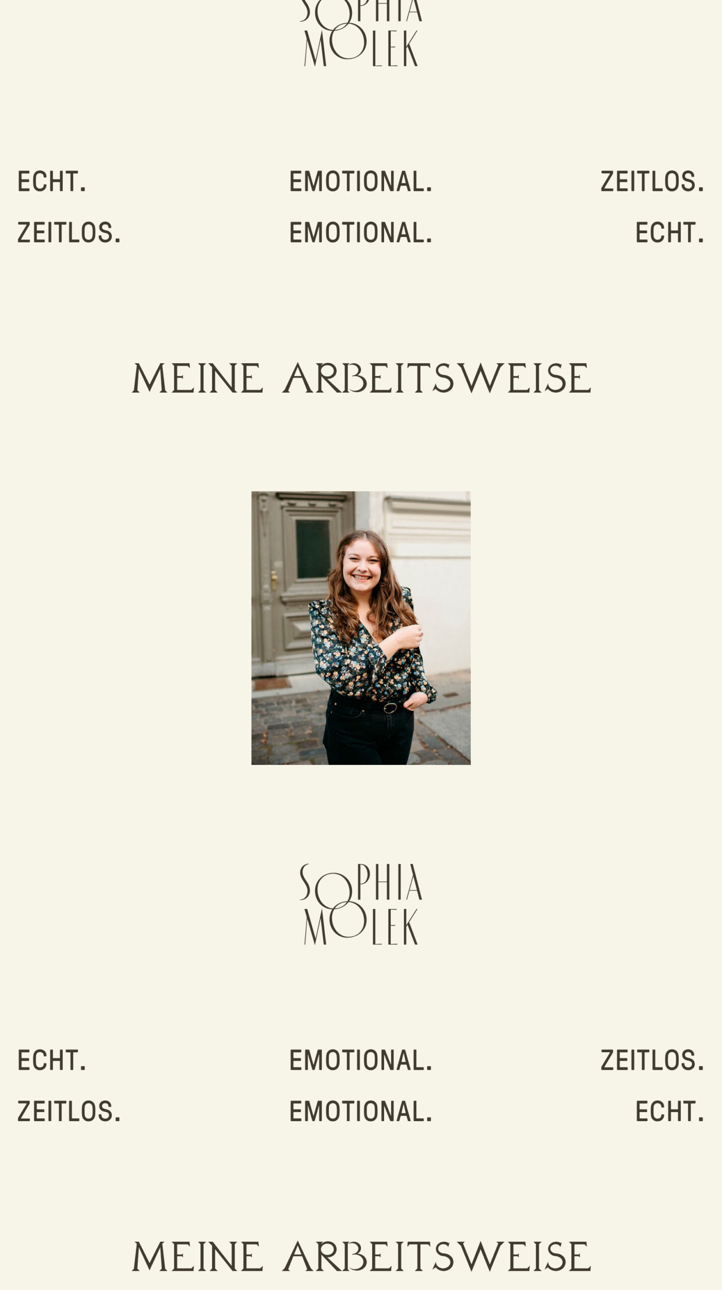 Personal branding design for photographer Sophia Molek featuring wordmark variations, color palette, and visual identity elements