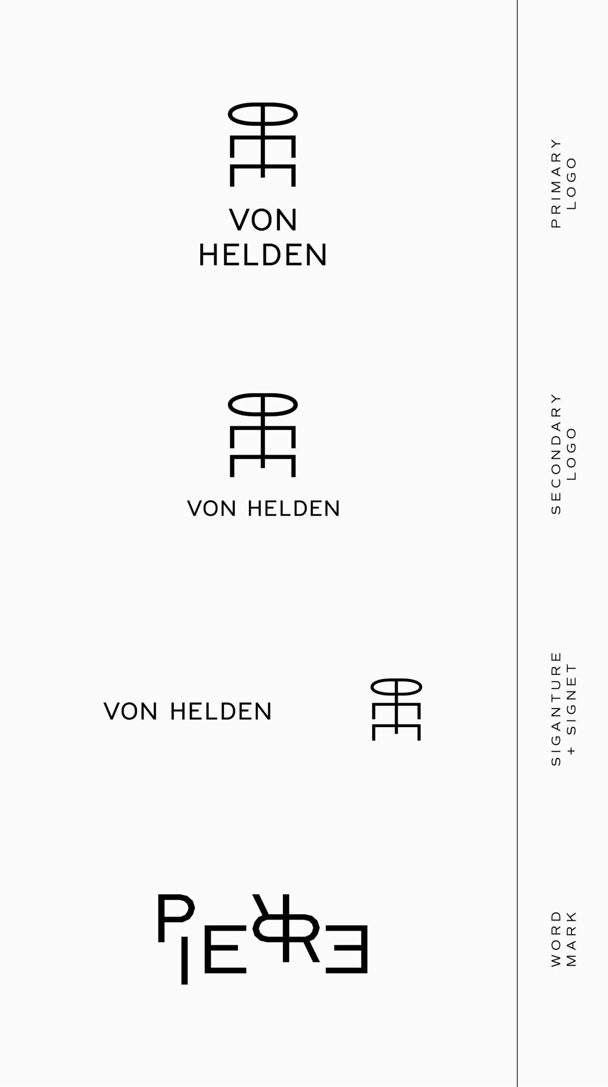 Personal branding design for artist Pierre von Helden featuring logo variations, color palette, and visual identity elements