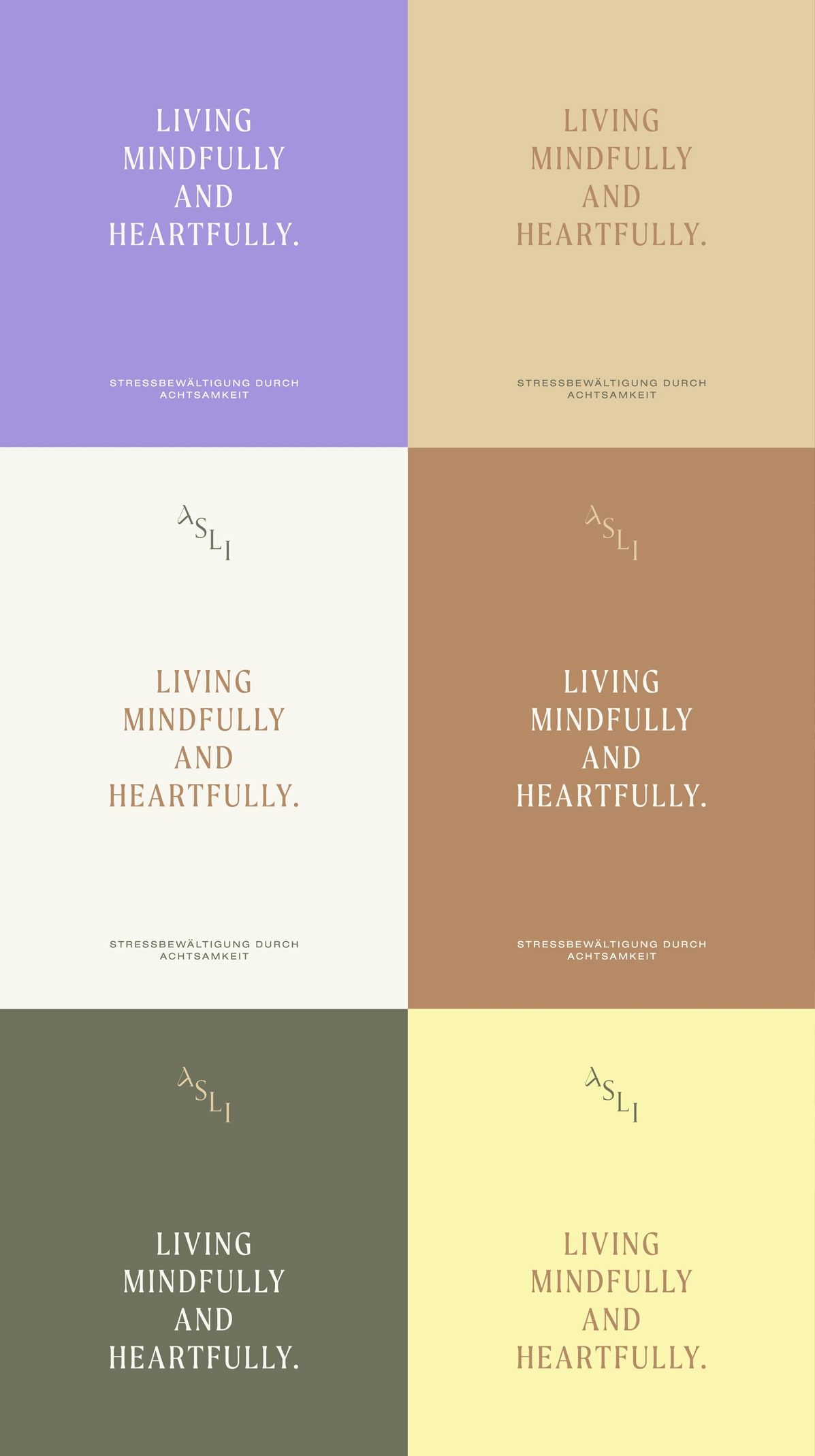 Personal branding design for MBSR teacher Asli Schäfer featuring wordmark, color palette, and visual identity elements