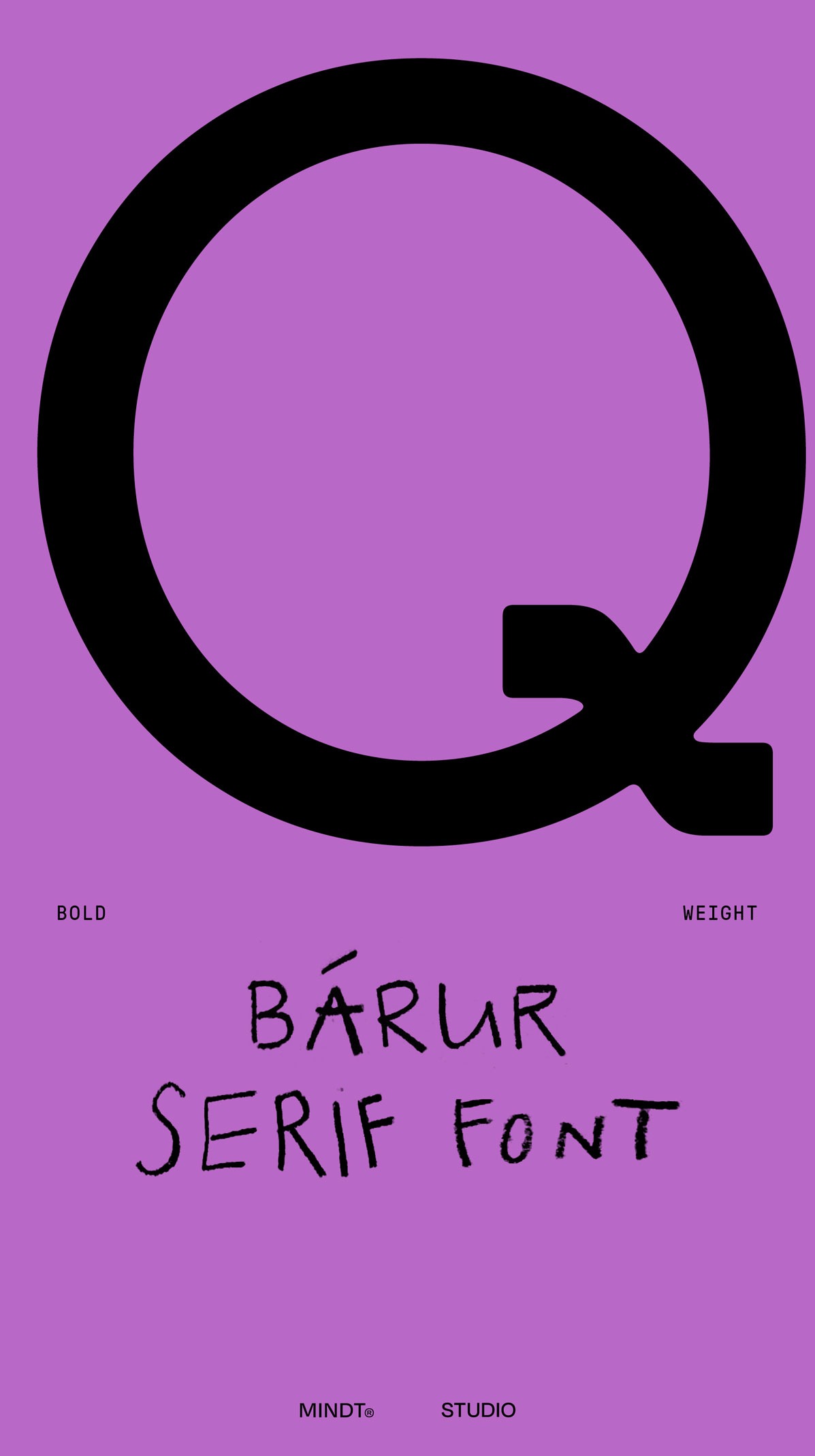 The uppercase Q from Bárur Bold displayed in a vibrant glowing violet composition.